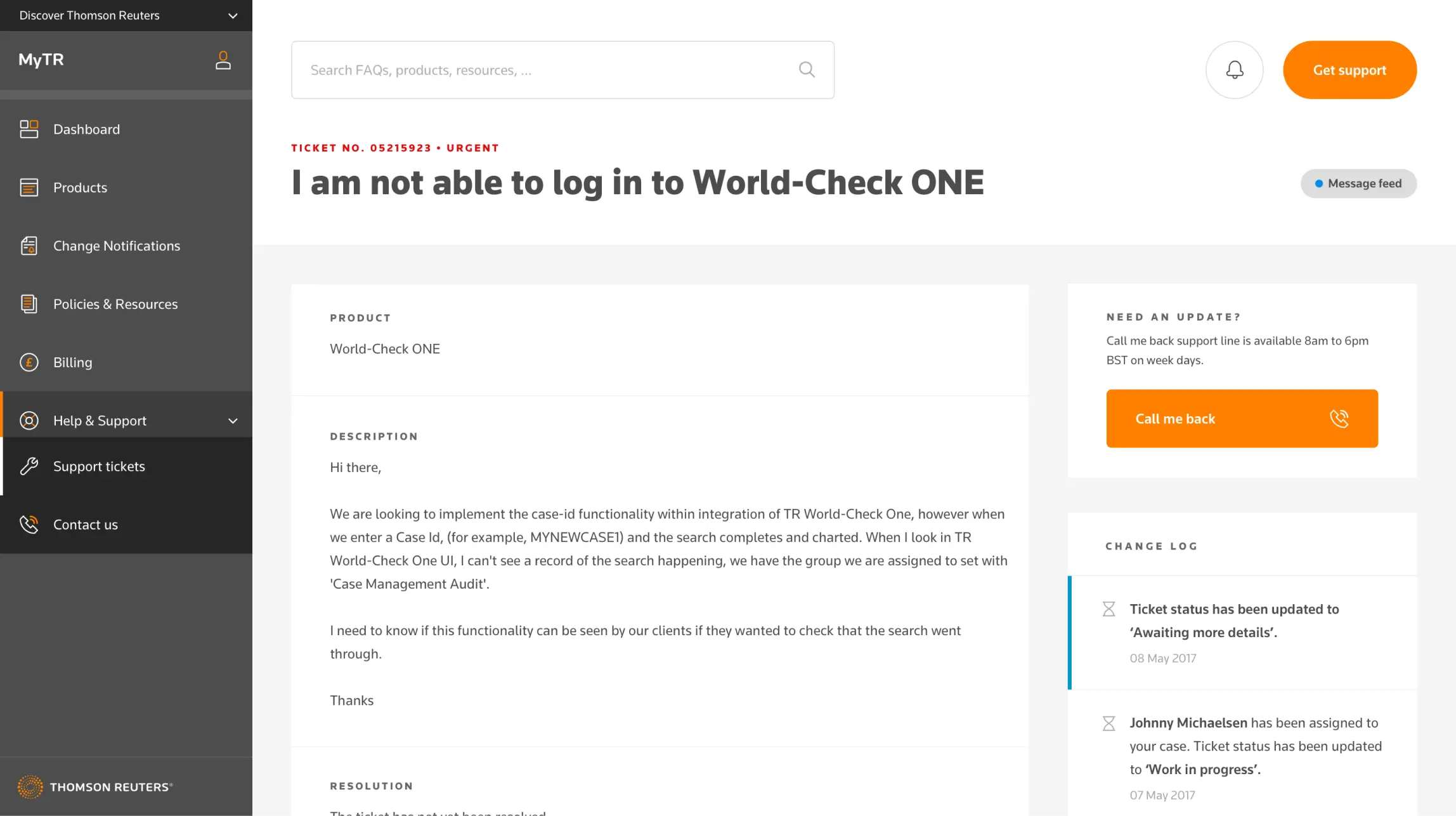 Support tickets - detail page - desktop